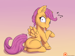 Size: 1500x1125 | Tagged: safe, artist:alasou, scootaloo, pegasus, pony, behaving like a cat, caught, cute, cutealoo, female, filly, foal, licking, looking at you, looking back, patreon, patreon logo, raised hoof, scootacat, solo, tongue out, unshorn fetlocks, wide eyes