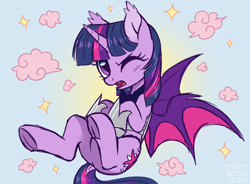 Size: 2500x1844 | Tagged: safe, artist:hawthornss, twilight sparkle, twilight sparkle (alicorn), alicorn, bat pony, bat pony alicorn, pony, armor, bat ponified, cute, cute little fangs, dock, ear fluff, fangs, female, looking at you, mare, night guard, one eye closed, open mouth, race swap, solo, transformation, twiabetes, twibat, underhoof, wink