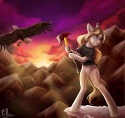 Size: 3000x2832 | Tagged: safe, artist:candyflora, oc, oc only, bald eagle, eagle, earth pony, pony, semi-anthro, angry, axe, clothes, crying, female, fire axe, mare, mountain, solo, sunset, weapon