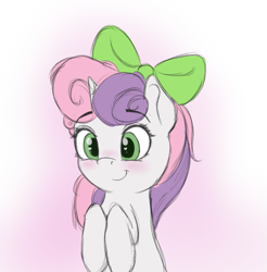 Size: 847x861 | Tagged: safe, artist:vanillaghosties, sweetie belle, pony, unicorn, blushing, bow, colored sketch, cute, diasweetes, female, filly, hair bow, heart eyes, smiling, solo, wingding eyes