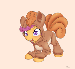 Size: 1350x1250 | Tagged: safe, artist:alasou, scootaloo, pegasus, pony, clothes, cosplay, costume, crossover, crouching, cute, cutealoo, female, filly, open mouth, pokémon, solo, tongue out, vulpix