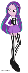 Size: 572x1500 | Tagged: safe, artist:myumlamy, aria blaze, human, equestria girls, alternate hairstyle, clothes, cross, frown, garters, hairband, hand on hip, loose hair, miniskirt, pastel goth, platform shoes, pleated skirt, shoes, simple background, skirt, socks, solo, spikes, standing, stockings, stripes, thigh highs, transparent background