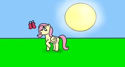 Size: 640x345 | Tagged: safe, artist:whistle blossom, fluttershy, butterfly, pegasus, pony, :o, autodesk sketchbook, curious, cute, day, digital art, duo, female, mare, one hoof raised, open mouth, shyabetes, sky, sun, wallpaper