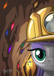 Size: 955x1351 | Tagged: safe, artist:mysticalpha, maud pie, earth pony, pony, rock solid friendship, bust, cave, gem, helmet, lamp, looking at you, mine, mining helmet, portrait, solo