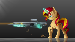 Size: 2500x1407 | Tagged: safe, artist:duskie-06, sunset shimmer, pony, unicorn, binary rifle, butt fluff, chest fluff, crossover, crying, cutie mark, ear fluff, female, glowing horn, gun, halo (series), halo 4, heart, hooves, horn, laser, levitation, magic, mare, optical sight, plot, raised hoof, reflection, rifle, serious, serious face, signature, sniper rifle, solo, teeth, telekinesis, underhoof, weapon
