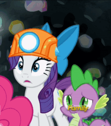 Size: 400x455 | Tagged: safe, screencap, pinkie pie, rarity, spike, dragon, earth pony, pony, unicorn, rock solid friendship, animated, bow, comforting, cropped, crying, discovery family logo, eye shimmer, female, floppy ears, gem, gif, hair bow, hard hat, hat, helmet, lip bite, male, mare, marshmelodrama, mining helmet, sad, teary eyes