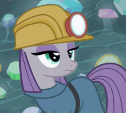 Size: 497x446 | Tagged: safe, screencap, maud pie, earth pony, pony, rock solid friendship, animated, cropped, gif, hard hat, hat, helmet, irrational exuberance, mining helmet, smiling, solo, when she smiles