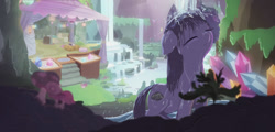 Size: 1336x643 | Tagged: safe, artist:raikoh, maud pie, earth pony, pony, rock solid friendship, bath, bathing, cave, crystal, cute, dark, eyes closed, female, floppy ears, frown, gem, mare, maud's cave, messy mane, mushroom, outdoor bathing, outdoors, scenery, snail, solo, water, waterfall, waterfall shower, wet, wet mane