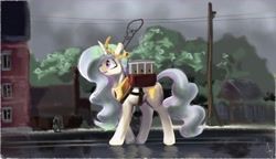 Size: 4950x2859 | Tagged: safe, artist:alexandrvirus, princess celestia, alicorn, pony, absurd resolution, city, female, mare, power line, solo, streetcar, tram