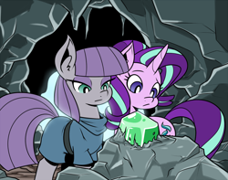 Size: 1344x1059 | Tagged: safe, artist:reiduran, maud pie, starlight glimmer, earth pony, pony, unicorn, rock solid friendship, cave, clothes, dress, duo, emerald, eyes on the prize, eyeshadow, gem, makeup