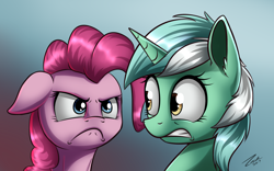 Size: 2132x1333 | Tagged: safe, artist:deltauraart, lyra heartstrings, pinkie pie, earth pony, pony, unicorn, rock solid friendship, duo, female, floppy ears, frown, gradient background, mare, scene interpretation, worried