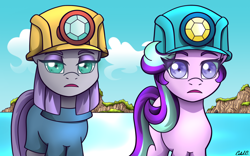 Size: 4000x2500 | Tagged: safe, artist:ciderpunk, maud pie, starlight glimmer, earth pony, pony, unicorn, rock solid friendship, duo, headlamp, helmet, mining helmet, photo, shrunken pupils