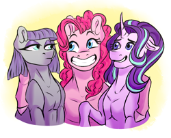 Size: 2603x2108 | Tagged: safe, artist:micky-ann, maud pie, pinkie pie, starlight glimmer, pony, unicorn, rock solid friendship, clothes, curved horn, cute, diapinkes, eyeshadow, female, glimmerbetes, grin, lidded eyes, makeup, mare, maudabetes, muscles, pie sisters, siblings, sisters, smiling, trio