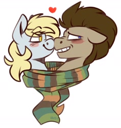 Size: 1704x1795 | Tagged: safe, artist:lrusu, derpy hooves, doctor whooves, earth pony, pegasus, pony, 1970s, blushing, boop, clothes, cute, derpabetes, doctorbetes, doctorderpy, female, fourth doctor's scarf, heart, long scarf, male, mare, nervous smile, scarf, shared clothing, shared scarf, shipping, simple background, smiling, stallion, straight, white background