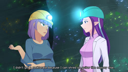 Size: 1280x720 | Tagged: safe, artist:jonfawkes, maud pie, starlight glimmer, human, rock solid friendship, cave, clothes, dialogue, duo, female, gem cave, hard hat, hat, helmet, humanized, looking at each other, mining helmet, open mouth, scene interpretation, unicorns as elves
