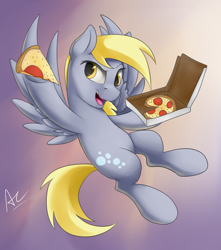 Size: 1600x1813 | Tagged: safe, artist:ac-whiteraven, derpy hooves, pegasus, pony, rock solid friendship, female, flying, food, mare, open mouth, pizza, solo