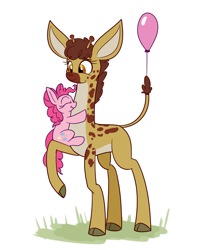 Size: 1000x1250 | Tagged: safe, artist:heir-of-rick, clementine, pinkie pie, giraffe, pony, fluttershy leans in, balloon, cute, hug, impossibly large ears, pale belly, simple background, white background