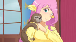 Size: 1280x720 | Tagged: safe, artist:jonfawkes, fluttershy, lola the sloth, human, sloth, fluttershy leans in, blushing, clothes, cute, duo, fluttershy's cottage, humanized, scene interpretation, shyabetes, smiling, window, wing ears