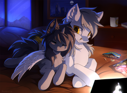 Size: 1200x879 | Tagged: safe, artist:hioshiru, oc, oc only, oc:kate, oc:kej, pegasus, pony, unicorn, bed, book, cheek fluff, chest fluff, chips, chromatic aberration, computer, couple, cup, cute, dresser, duo, ear fluff, eyes closed, female, fluffy, food, hug, k+k, laptop computer, leg fluff, macbook, male, mare, moon, mountain, mug, night, ocbetes, picture, pillow, shoulder fluff, skyline, sleeping, snacks, stallion, straight, wing fluff, winghug