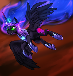 Size: 1536x1600 | Tagged: dead source, safe, artist:not-ordinary-pony, king sombra, nightmare moon, alicorn, pony, corrupted, crown, dark magic, fangs, female, flying, fusion, jewelry, magic, mare, regalia, slit eyes, smiling, solo, sombra eyes