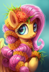 Size: 768x1129 | Tagged: safe, artist:sorcerushorserus, fluttershy, pegasus, pony, alternate hairstyle, beautiful, bust, female, flower, flower in hair, hawaiian, hawaiian flower in hair, looking at you, looking sideways, mare, portrait, solo