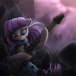 Size: 1500x1500 | Tagged: safe, artist:vanillaghosties, maud pie, earth pony, pony, rock solid friendship, clothes, electric guitar, eyeshadow, female, guitar, makeup, mare, solo