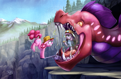 Size: 1200x777 | Tagged: safe, artist:tsitra360, maud pie, pinkie pie, pony, quarray eel, rock solid friendship, clothes, female, forked tongue, helmet, jack, jasper emerald, mining helmet, open mouth, scene interpretation, siblings, signature, sisters