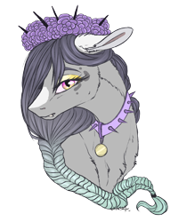 Size: 1024x1280 | Tagged: safe, artist:dementra369, oc, oc only, pony, braid, bust, chest fluff, collar, fangs, floral head wreath, flower, portrait, simple background, solo, spiked collar, transparent background