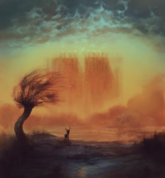 Size: 2057x2213 | Tagged: safe, artist:hunternif, deer, pony, castle, cloud, scenery, tree, zdzisław beksiński