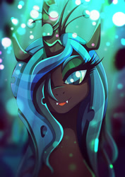 Size: 1357x1920 | Tagged: safe, artist:rariedash, queen chrysalis, changeling, changeling queen, bust, fangs, female, hair over one eye, head tilt, looking at you, mare, open mouth, open smile, portrait, smiling, smiling at you, solo