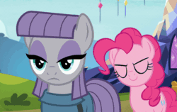 Size: 818x518 | Tagged: safe, screencap, maud pie, pinkie pie, starlight glimmer, earth pony, pony, unicorn, rock solid friendship, animated, friendshipper on deck, gif, pinkie the shipper, push, pushing, rump push, saddle bag, shipper on deck, twilight's castle
