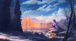 Size: 2000x1080 | Tagged: safe, artist:shamanguli, twilight sparkle, pony, unicorn, autumn, beautiful, cloud, female, looking away, mare, scenery, scenery porn, sky, snow, snowfall, solo, tree