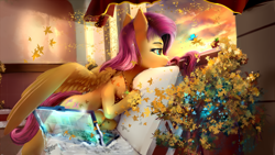 Size: 1920x1080 | Tagged: safe, artist:discordthege, fluttershy, butterfly, pegasus, pony, cloud, computer, cute, female, flower, futuristic, laptop computer, leaf, mare, shyabetes, sky, smiling, solo, sunset