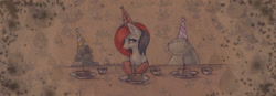 Size: 1590x552 | Tagged: safe, artist:kimsteinandother, madame leflour, rocky, oc, oc:kim stein, earth pony, pony, cake, candle, female, food, hat, mare, party hat, sad, traditional art