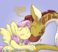 Size: 4040x3594 | Tagged: safe, artist:firefanatic, clementine, fluttershy, giraffe, pegasus, pony, fluttershy leans in, absurd resolution, chest fluff, cute, dialogue, fluffy, heart, nuzzling, shyabetes