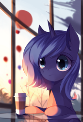 Size: 1093x1600 | Tagged: safe, artist:gianghanz, princess luna, alicorn, pony, unicorn, coffee, coffee cup, cup, cute, female, hot air balloon, lunabetes, mare, s1 luna, sitting, smiling, solo, sunlight, sweet dreams fuel, table, window