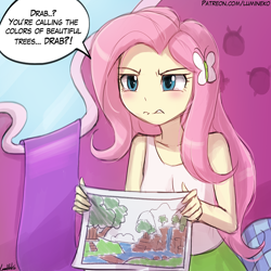 Size: 750x750 | Tagged: safe, artist:lumineko, fluttershy, butterfly, equestria girls, fluttershy leans in, angry, blushing, clothes, dialogue, drawing, equestria girls interpretation, female, lip bite, scene interpretation, shirt, skirt, solo, speech bubble, teary eyes