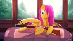 Size: 3500x1969 | Tagged: safe, artist:rublegun, fluttershy, pegasus, pony, female, gun, mare, pillow, prone, shotgun, smiling, solo, tree, weapon, window