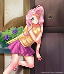 Size: 855x1000 | Tagged: safe, artist:racoonsan, fluttershy, human, fluttershy leans in, breasts, clothes, cute, feet, female, fluttershy vs door, humanized, legs, lidded eyes, one eye closed, peeking, sandals, scene interpretation, shyabetes, skirt, solo, tanktop, winged humanization, wings