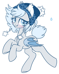 Size: 2595x3270 | Tagged: safe, artist:hawthornss, oc, oc only, oc:silver puff, oc:snow puff, bat pony, pony, blushing, cute, cute little fangs, ear fluff, fangs, hat, looking at you, simple background, solo, transparent background