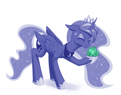 Size: 1280x1009 | Tagged: safe, artist:dstears, color edit, edit, princess luna, alicorn, frog, pony, colored, crossover, crown, cute, digital art, eyes closed, female, floppy ears, jewelry, kissing, lunabetes, mare, newbie artist training grounds, regalia, simple background, sweat, sweatdrop, the princess and the frog