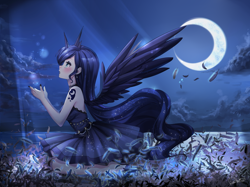 Size: 2800x2099 | Tagged: safe, artist:odaefnyo, princess luna, human, alicorn humanization, alternative cutie mark placement, clothes, crescent moon, cutie mark on human, dress, ear piercing, earring, feather, horned humanization, humanized, jewelry, kneeling, looking up, moon, night, piercing, shoulder cutie mark, solo, spread wings, stars, winged humanization, wings