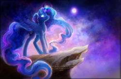 Size: 2640x1730 | Tagged: safe, artist:elzafox, princess luna, alicorn, pony, cliff, female, glowing eyes, glowing horn, mare, moon, night, solo, spread wings, stars, wings