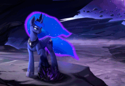 Size: 742x514 | Tagged: safe, artist:rodrigues404, princess luna, alicorn, pony, animated, asteroids, cinemagraph, crystal, dark magic, female, gif, magic, mare, moon, raised hoof, scenery, solo, space