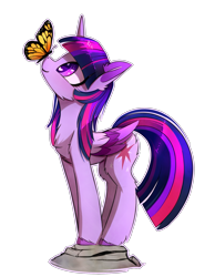 Size: 1719x2220 | Tagged: safe, artist:magnaluna, twilight sparkle, twilight sparkle (alicorn), alicorn, butterfly, pony, balancing, cheek fluff, chest fluff, colored wings, colored wingtips, cute, ear fluff, eyes on the prize, female, fluffy, heart eyes, insect on nose, leg fluff, looking up, mare, rock, shoulder fluff, simple background, smiling, solo, transparent background, twiabetes, unshorn fetlocks, white outline, wingding eyes