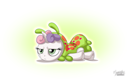 Size: 2560x1600 | Tagged: safe, artist:mysticalpha, sweetie belle, caterpillar, pony, unicorn, forever filly, bored, clothes, costume, gradient background, prone, signature, solo, sweetie belle is not amused, unamused