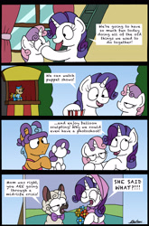 Size: 2270x3431 | Tagged: safe, artist:bobthedalek, rarity, sweetie belle, twisty pop, pony, sheep, unicorn, forever filly, balloon, clothes, comic, costume, female, puppet, sheepie belle, siblings, sisters, thunderbirds