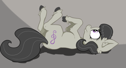 Size: 2135x1165 | Tagged: safe, artist:paskanaakka, derpibooru exclusive, octavia melody, earth pony, pony, abstract background, colored hooves, ear fluff, grumpy, looking up, on back, solo, unshorn fetlocks