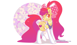 Size: 1280x760 | Tagged: safe, artist:feekteev, apple bloom, earth pony, pony, alternate hairstyle, bow, clothes, hair bow, jewelry, necklace, ponytail, smiling, solo, stockings, thigh highs