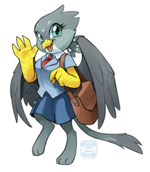 Size: 590x677 | Tagged: safe, artist:catbeecache, artist:finimun, gabby, anthro, griffon, clothes, cute, female, gabbybetes, mailbag, necktie, shirt, simple background, skirt, solo, waving, white background